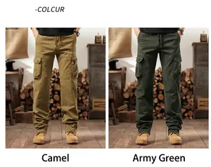 Detailed view of men's multi-pocket cargo pants in khaki and army green colors