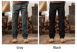 Front view of men's multi-pocket cotton cargo pants in gray and black variants