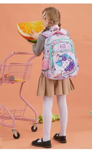 Lifestyle back view of a purple ergonomic unicorn school backpack for primary girls.