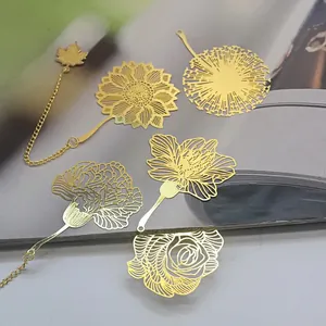 Detailed view of intricate golden metal bookmarks with various floral filigree designs