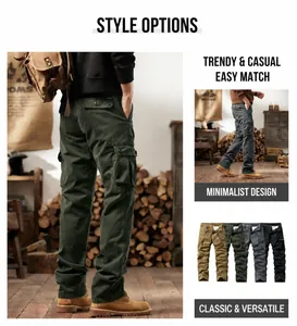 Detailed views of durable men's multi-pocket tactical cargo pants in four colors