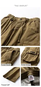 Close-up views of cotton cargo pants detailing pockets, stitching, and fabric texture.