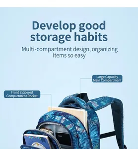 Vista detallada de mochila escolar de gran capacidad con varios compartimentos útiles