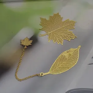 Detailed view of delicate golden brass leaf vein bookmarks with intricate filigree