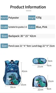 Guía de tallas detallada para el juego de mochila de dinosaurio azul de 3 piezas