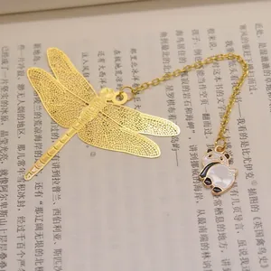 Exquisite golden dragonfly metal bookmark with a cute enamel panda pendant detail