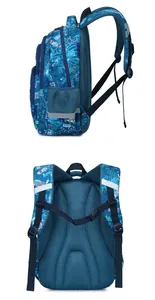 Side and back view of blue ergonomic primary school backpack with graffiti design