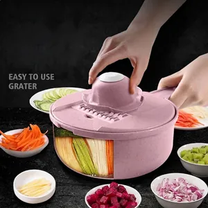 Multifunctional Kitchen Vegetable Slicer With Interchangeable Stainless Steel Blades Draining Basket Manual Grater For Home Preparation