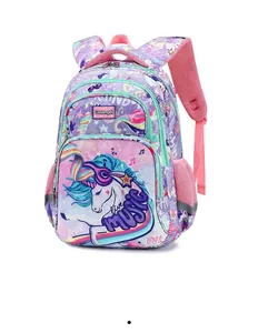 Detalle de una mochila de unicornio morada con cremalleras múltiples y bolsillos de malla.