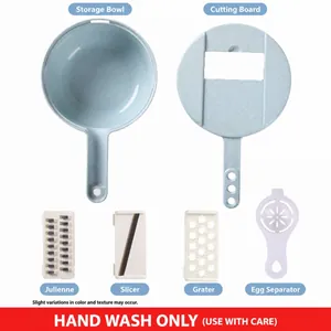 Multi-functional vegetable slicer set with storage basin and egg separator