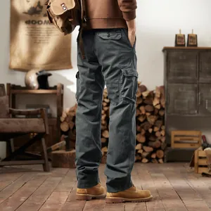 Men's cotton multi-pocket outdoor cargo pants in dark grey loose straight fit.