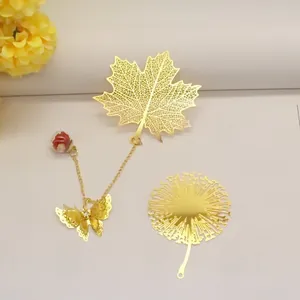 Exquisite golden maple leaf and dandelion metal bookmark set with elegant butterfly pendant