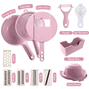 Multi-functional 12-in-1 vegetable slicer and grater set with drain basket, pink