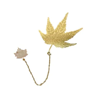 Exquisite brass leaf vein bookmark with delicate golden chain and leaf pendant