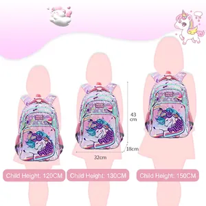 Mochila escolar de unicornio púrpura con escala de altura para niños de primaria