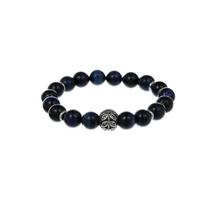 Pulsera de cuentas de ojo de tigre azul oscuro con cuenta de metal de filigrana plata
