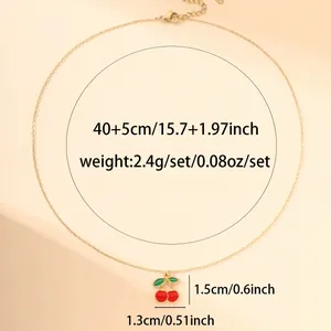 Cute minimalist red cherry pendant necklace in gold finish with detailed size measurements