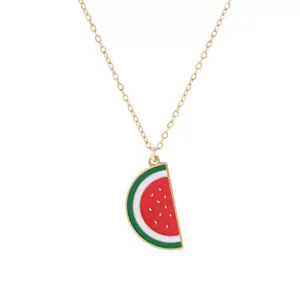 Cute watermelon slice pendant necklace with gold chain for colorful summer style.