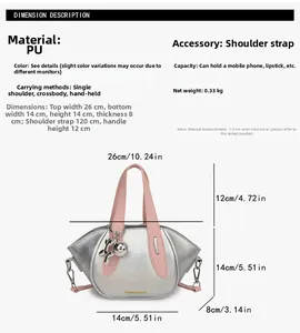 Detailed size chart for silver and pink stylish PU leather bucket handbag with measurements.
