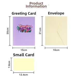 Size details for 3D Mother's Day pop-up card, envelope and message note card.