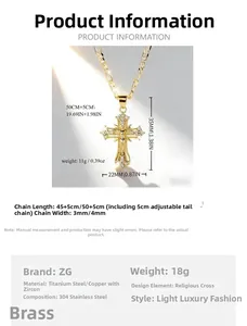 Detailed view of gold religious cross pendant necklace with measurements and Figaro chain