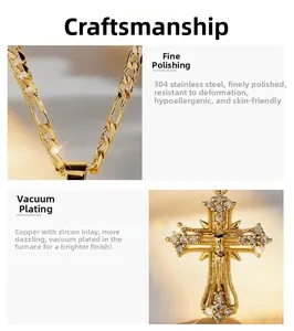 Close-up of vacuum-plated gold cross pendant with zircon and 304 stainless steel chain detail.