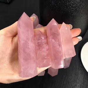 Premium natural rose quartz hexagonal crystal pillars for home decor and spiritual healing