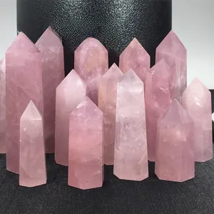 Natural rose quartz crystal hexagonal pillars for desktop home decoration ornaments