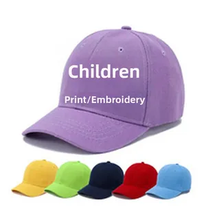 Detail view of pure cotton five-panel kids baseball cap with printing and embroidery options