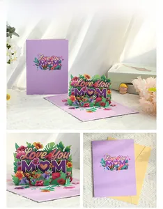 Close-up of 3D pop-up Mother's Day card with flowers and Love You MOM text