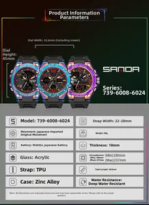 SANDA 6024 sports watch specification sheet with colorful design and LED features.