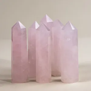 Set of six natural rose quartz crystal points hexagonal prisms for healing home decor