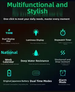 Detailed functional icons for waterproof sports watch with luminous display and stopwatch mode