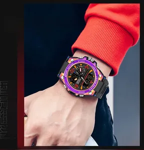 Close-up view of SANDA 6024 colorful digital sport watch with LED light on wrist
