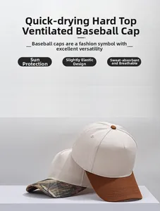 Detailed view of color-block cotton baseball caps with hard top