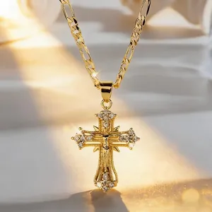 Religious Crucifix Cross Pendant Necklace For Women Men Gold Stainless Steel Figaro Chain Zirconia Inlaid Christian Jewelry Gift