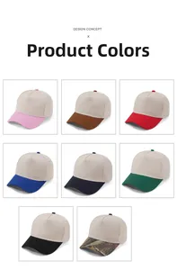 Detail view of multi-color five-panel cotton baseball caps showing brim variations