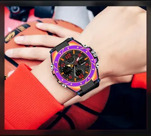 Detailed view of SANDA 6024 sports watch with colorful gradient bezel on wrist