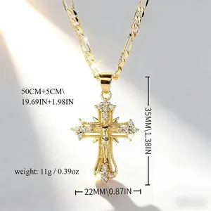 Religious cross pendant necklace with sparkling cubic zirconia stones and gold plating