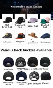 Detailed view of various hat styles and adjustable back closure buckle options for caps