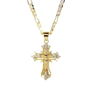 Religious gold-plated crucifix cross pendant necklace with figaro chain for women