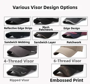 Various brim designs for 5-panel cotton baseball caps: mesh, distressed, and embossed.