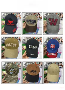Grid display of custom cotton 5-panel baseball caps with various embroidery designs