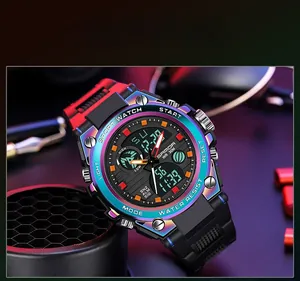 Close-up of Sanda 6024 colorful sports watch with rainbow bezel and dual display