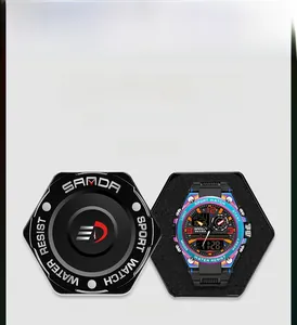 Detailed view of Sanda 6024 sports watch inside a premium hexagonal metal gift box