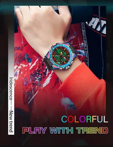 Close-up detail of the Sanda 6024 iridescent digital sports watch worn on a wrist