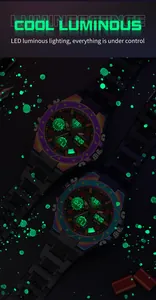 Detail view of multi-functional sports watch with green LED luminous display feature