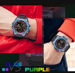 Compare Blue vs Purple Sanda 6024 multifunctional sports digital watches for men.