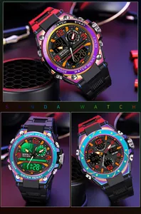 Detail view of SANDA 6024 iridescent sports watch with LED backlit digital display.