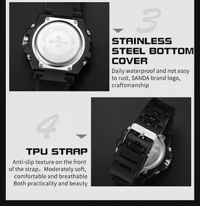 Detailed view of SANDA sports watch stainless steel back cover and durable TPU strap